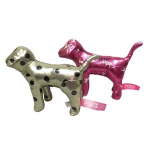 2 Victoria's Secret PINK Iconic Metallic Shiny Pink Gold Stuffed Mini Dog